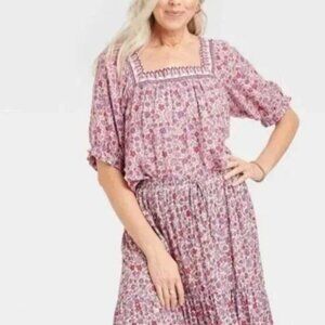 Knox Rose Square Neck Floral Ruffle Trim Short Sleeve Top Size M Pink Floral